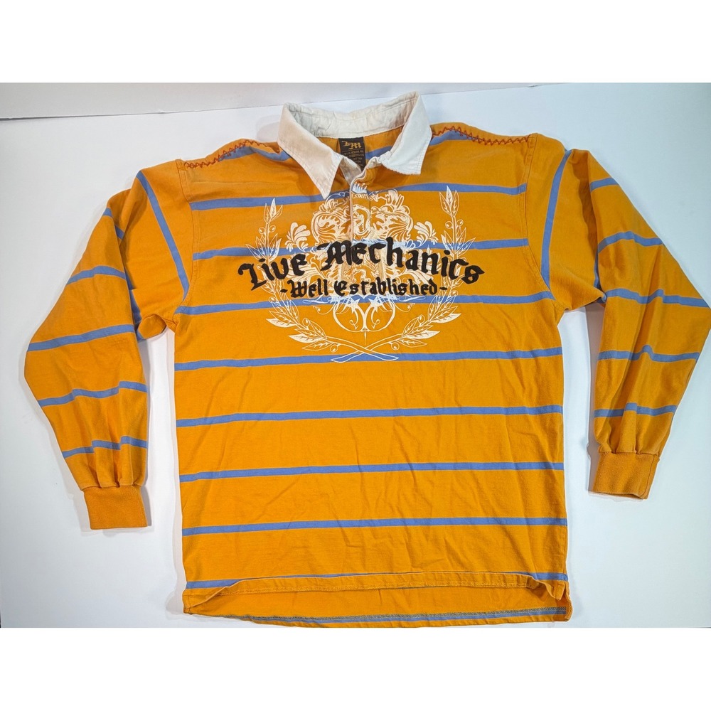 Live Mechanics Mens 2XL Rugby Shirt Yellow Blue Striped Long Sleeve Graphic Polo